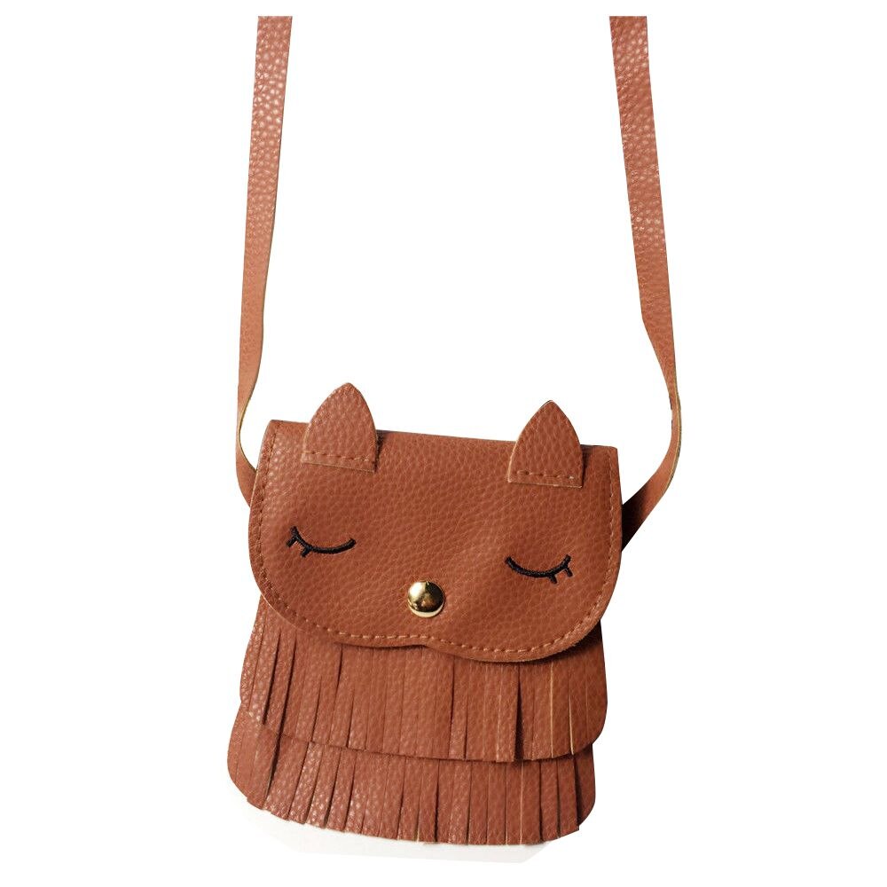 New PU Leather Tassel Small Cat Shoulder Messenger Bag Purses for Kids Girls, coffee - ebowsos