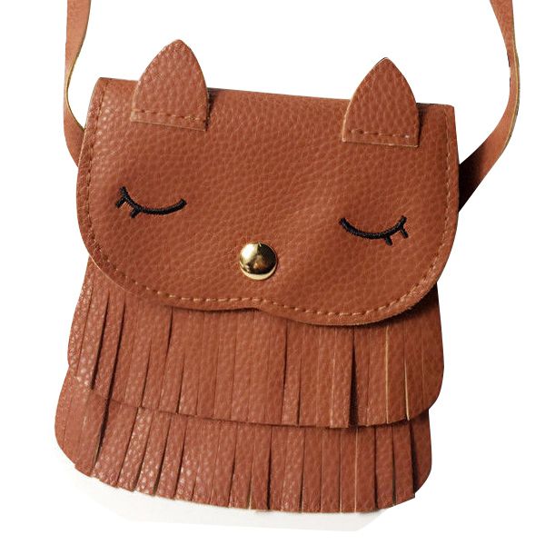 New PU Leather Tassel Small Cat Shoulder Messenger Bag Purses for Kids Girls, coffee - ebowsos