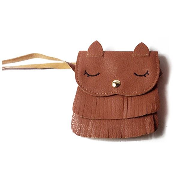 New PU Leather Tassel Small Cat Shoulder Messenger Bag Purses for Kids Girls, coffee - ebowsos