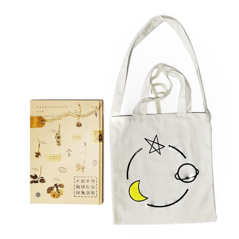 New Printed Vintage Canvas Tote Bag with Handles (Star Moon Earth) - ebowsos