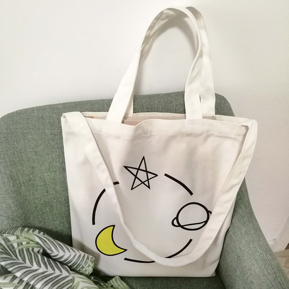 New Printed Vintage Canvas Tote Bag with Handles (Star Moon Earth) - ebowsos