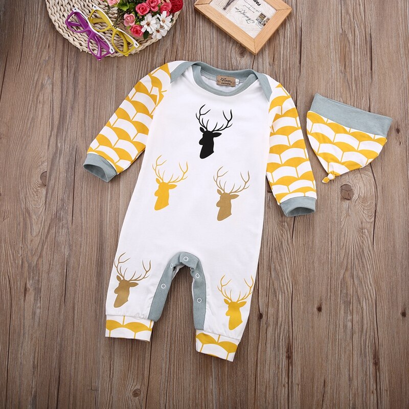 New Style Baby Boys Girls Clothes Sets Deer Baby Boys Girls Long Sleeve Romper Jumpsuit Hat Outfits Clothes - ebowsos