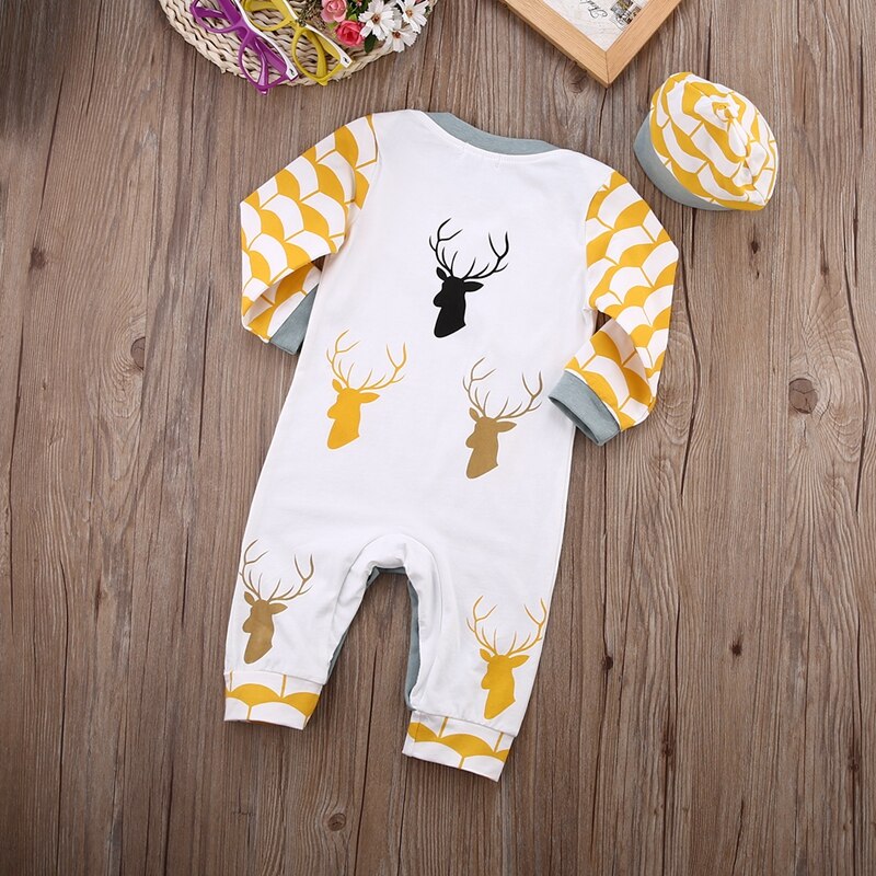 New Style Baby Boys Girls Clothes Sets Deer Baby Boys Girls Long Sleeve Romper Jumpsuit Hat Outfits Clothes - ebowsos