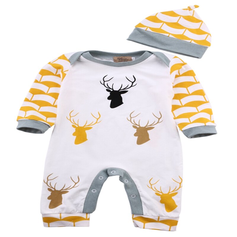 New Style Baby Boys Girls Clothes Sets Deer Baby Boys Girls Long Sleeve Romper Jumpsuit Hat Outfits Clothes - ebowsos