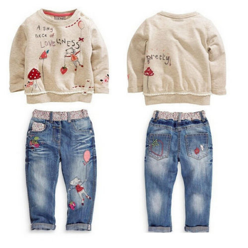 New Style Baby Girls Clothes Sets Baby Children Girls Clothing Long Sleeve Sweater + Jeans suit Cartoon Set Outfit - ebowsos