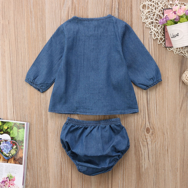 New Style Baby Girls Clothes Sets Baby Girls Denim Long Sleeve Top Blouse Shorts Pants Outfits Set Clothes - ebowsos