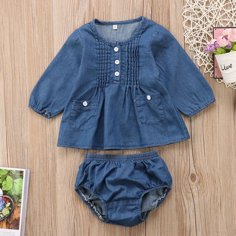 New Style Baby Girls Clothes Sets Baby Girls Denim Long Sleeve Top Blouse Shorts Pants Outfits Set Clothes - ebowsos