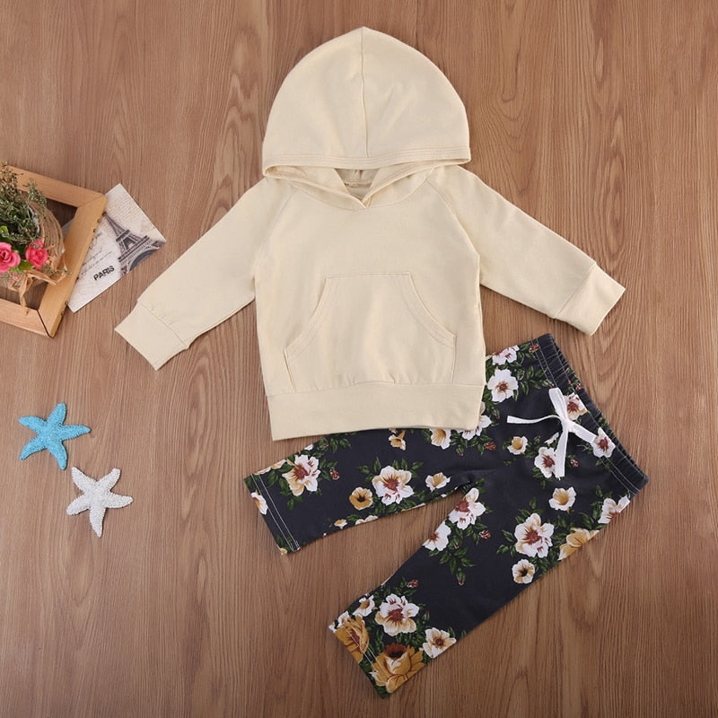 New Style Baby Girls Clothes Sets Floral Hooded Baby Long Sleeve Tops Pants 2Pcs Outfits Set Clothes - ebowsos