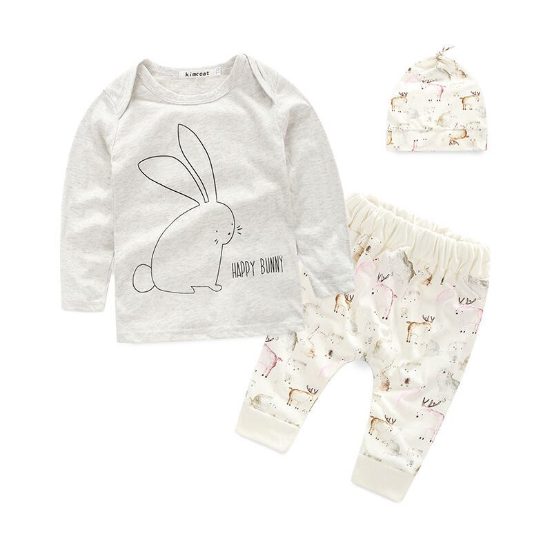 New Style Baby Girls Clothes Sets Infant Baby Girl Bunny Cotton Tops Pants Hat Home Outfits Set Clothes - ebowsos