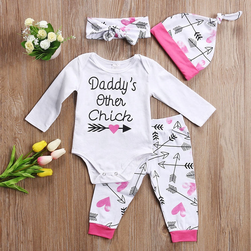 New Style Baby Girls Clothes Sets Newborn Long Sleeve Cotton Tops Romper Pants Hat 4Pcs Outfits Set Clothes - ebowsos