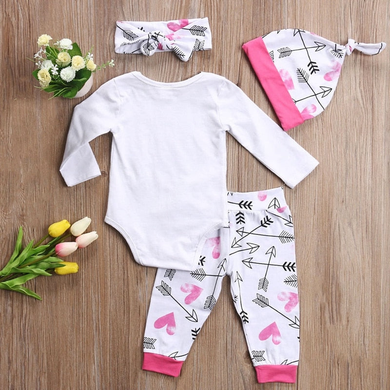 New Style Baby Girls Clothes Sets Newborn Long Sleeve Cotton Tops Romper Pants Hat 4Pcs Outfits Set Clothes - ebowsos