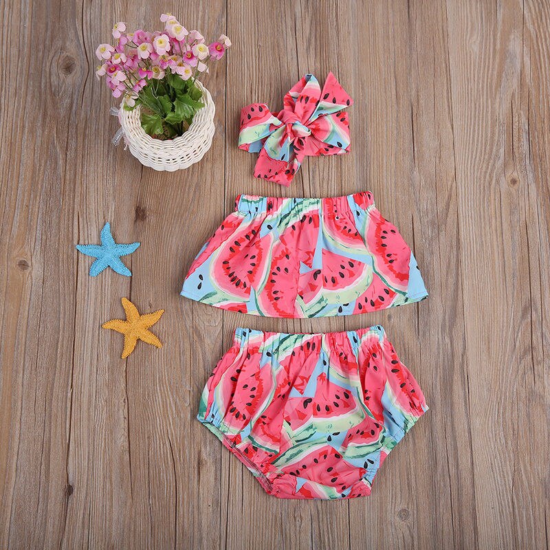 New Style Baby Girls Clothes Sets Summer Sweet Watermelon Toddler Baby Girls Outfit Set Tops Shorts Headband Clothes - ebowsos