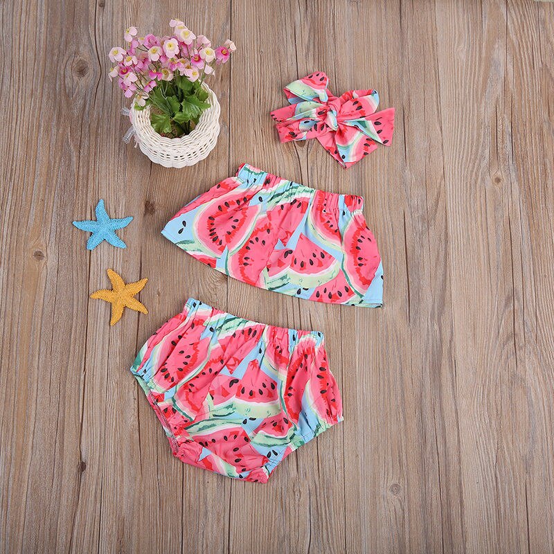 New Style Baby Girls Clothes Sets Summer Sweet Watermelon Toddler Baby Girls Outfit Set Tops Shorts Headband Clothes - ebowsos