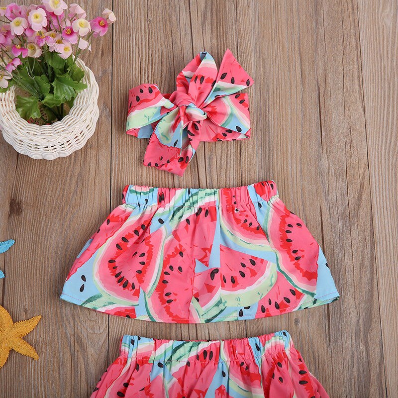 New Style Baby Girls Clothes Sets Summer Sweet Watermelon Toddler Baby Girls Outfit Set Tops Shorts Headband Clothes - ebowsos