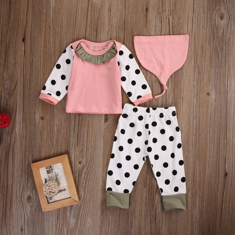 New Style Baby Girls Clothes Sets Sweet Toddler Infant Baby Girl Clothes Tops Dot Pants Hat 3PCS Set Outfit New - ebowsos