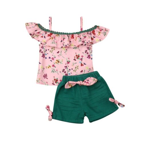 New Summer Baby Girl Toddler Kids Sling Off Shoulder Top Ruffle Floral Short Pants Summer Clothes - ebowsos