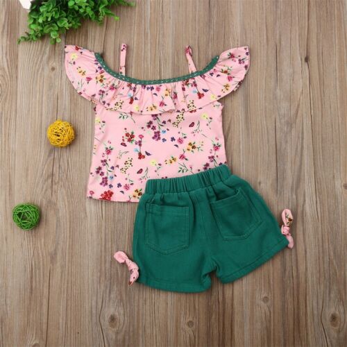 New Summer Baby Girl Toddler Kids Sling Off Shoulder Top Ruffle Floral Short Pants Summer Clothes - ebowsos