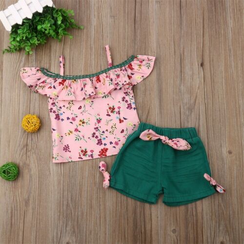 New Summer Baby Girl Toddler Kids Sling Off Shoulder Top Ruffle Floral Short Pants Summer Clothes - ebowsos