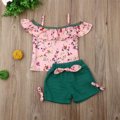 New Summer Baby Girl Toddler Kids Sling Off Shoulder Top Ruffle Floral Short Pants Summer Clothes - ebowsos