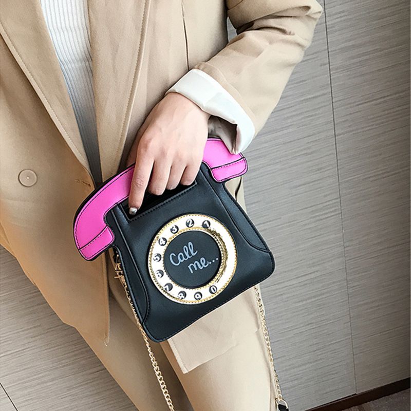 New Telephone Shaped Women Retro Cross Body Bag PU Leather Clutch Purse Chain Bag - ebowsos