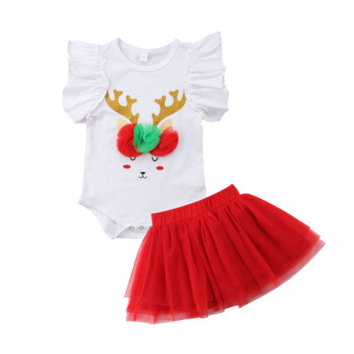 New Toddler Baby Girl Infant Christmas 3D Deer Clothes Sets Petal Sleeve White Romper Tops+Lace Red Tutu Skirts 2PCS - ebowsos