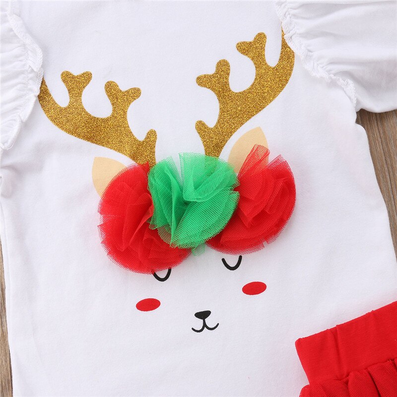 New Toddler Baby Girl Infant Christmas 3D Deer Clothes Sets Petal Sleeve White Romper Tops+Lace Red Tutu Skirts 2PCS - ebowsos