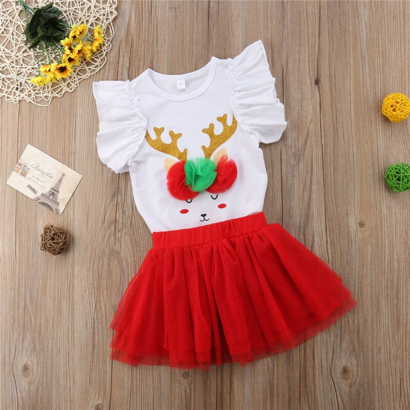 New Toddler Baby Girl Infant Christmas 3D Deer Clothes Sets Petal Sleeve White Romper Tops+Lace Red Tutu Skirts 2PCS - ebowsos