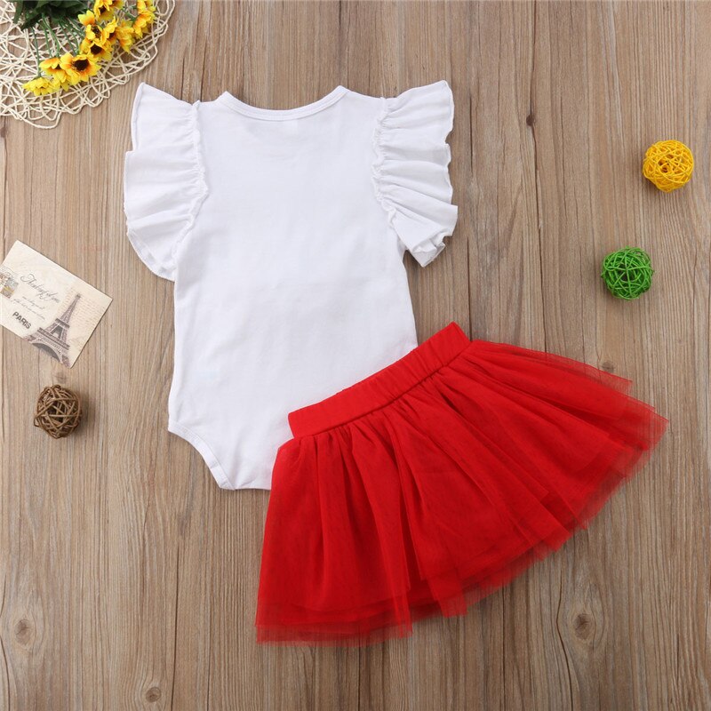 New Toddler Baby Girl Infant Christmas 3D Deer Clothes Sets Petal Sleeve White Romper Tops+Lace Red Tutu Skirts 2PCS - ebowsos