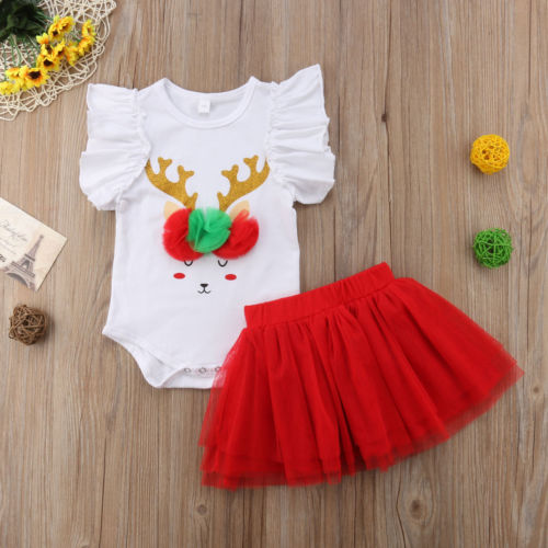 New Toddler Baby Girl Infant Christmas 3D Deer Clothes Sets Petal Sleeve White Romper Tops+Lace Red Tutu Skirts 2PCS - ebowsos