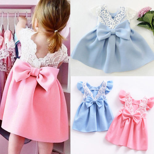 New Toddler Infant Kids Baby Girl Lace Princess Dress Bow Ruffled Backless Sundress Cute Children Summer Dress 3M-3T - ebowsos