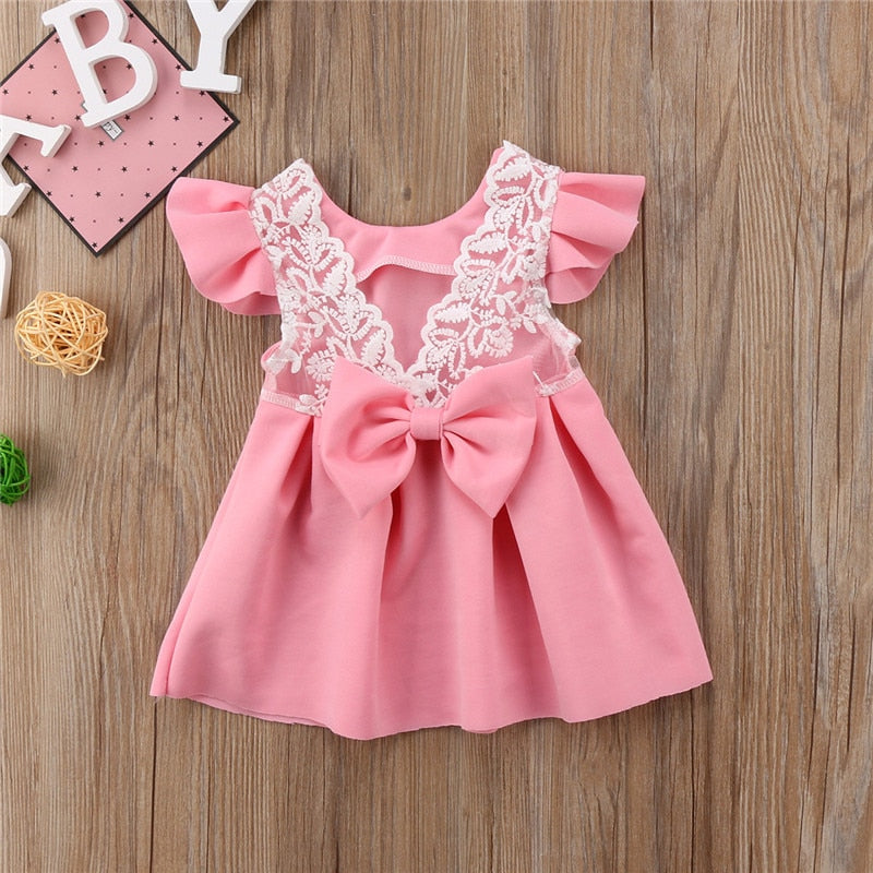 New Toddler Infant Kids Baby Girl Lace Princess Dress Bow Ruffled Backless Sundress Cute Children Summer Dress 3M-3T - ebowsos