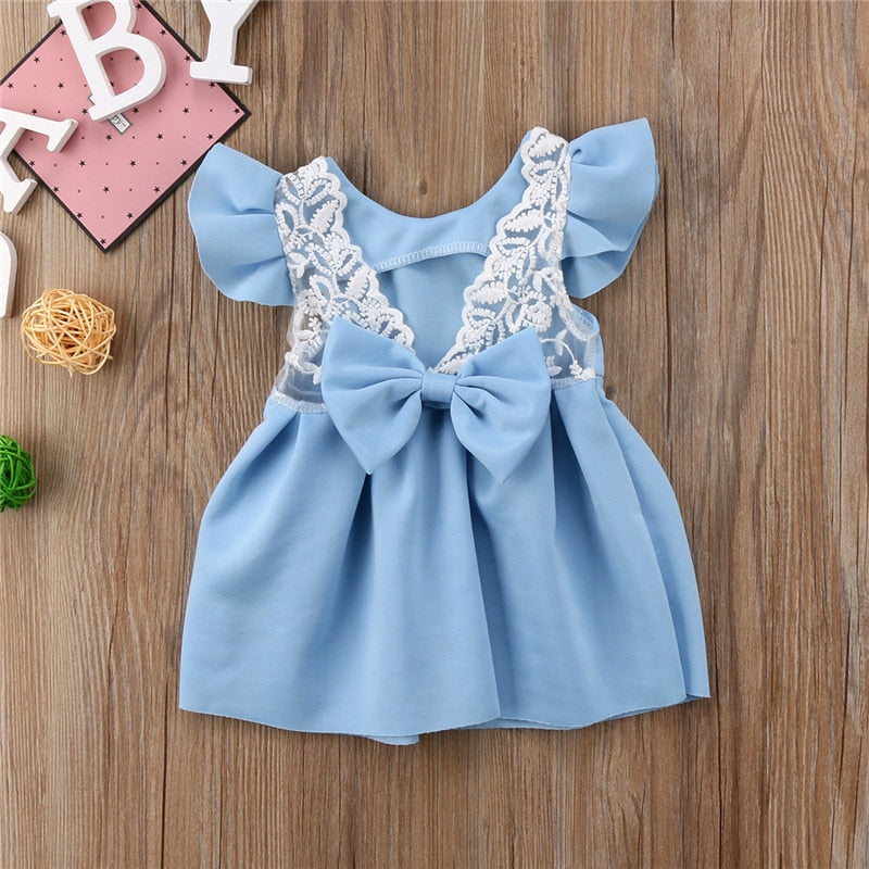 New Toddler Infant Kids Baby Girl Lace Princess Dress Bow Ruffled Backless Sundress Cute Children Summer Dress 3M-3T - ebowsos