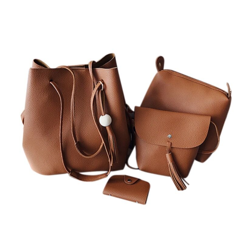 New Women 4Pcs/Set Leather Handbag Shoulder Bag Tote Purse Messenger Satchel Clutch Drawstring Bags(Brown) - ebowsos