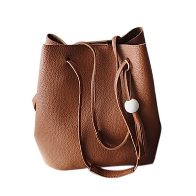 New Women 4Pcs/Set Leather Handbag Shoulder Bag Tote Purse Messenger Satchel Clutch Drawstring Bags(Brown) - ebowsos