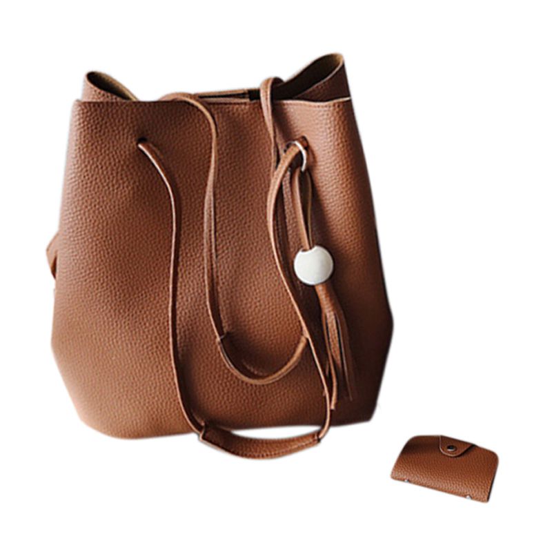 New Women 4Pcs/Set Leather Handbag Shoulder Bag Tote Purse Messenger Satchel Clutch Drawstring Bags(Brown) - ebowsos