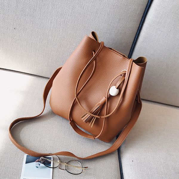 New Women 4Pcs/Set Leather Handbag Shoulder Bag Tote Purse Messenger Satchel Clutch Drawstring Bags(Brown) - ebowsos