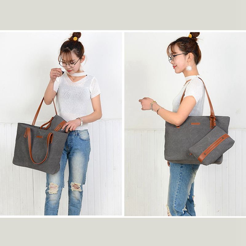 New Women Portable Large Canvas Shoulder Bag Handbag with Small Purse(gray) - ebowsos