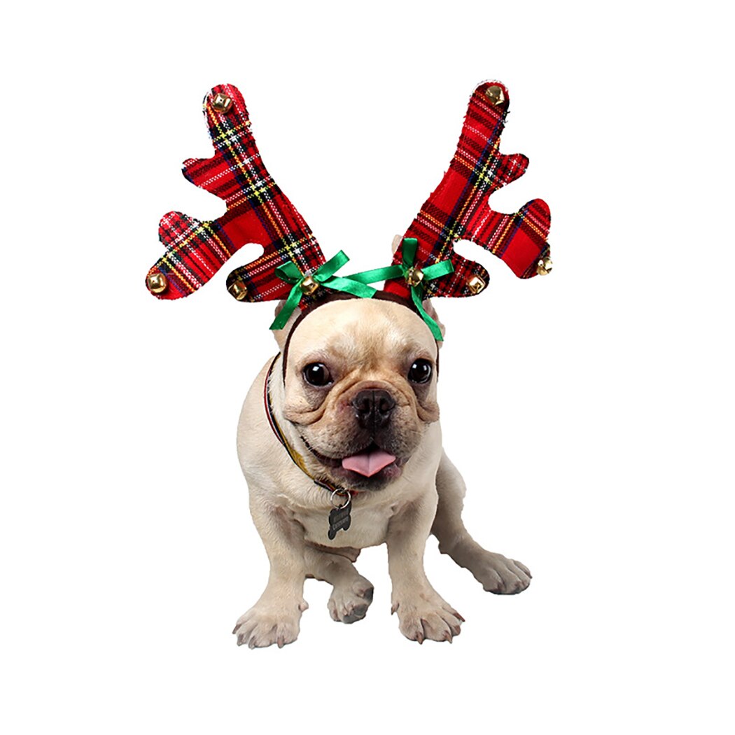 New Year Christmas Pet Headband Plaid Bell Deer Horn Hat Costume Dog Puppy Cat Cosplay Party Headwear Caps Hat For Dog Cats-ebowsos