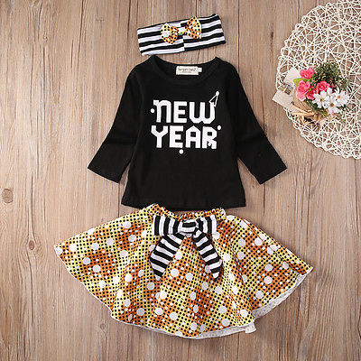 New Year Sweet Baby Girls Clothing Sets Dress Kids Autumn Cotton T-shirt Tutu Dress 3PCS Outfits Set - ebowsos