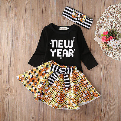 New Year Sweet Baby Girls Clothing Sets Dress Kids Autumn Cotton T-shirt Tutu Dress 3PCS Outfits Set - ebowsos