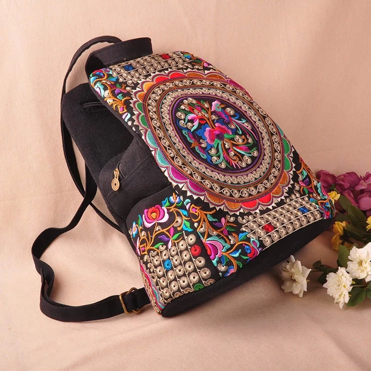 New canvas embroidery Ethnic backpack women handmade flower Embroidered Bag Travel Bags schoolbag backpacks mochila - ebowsos