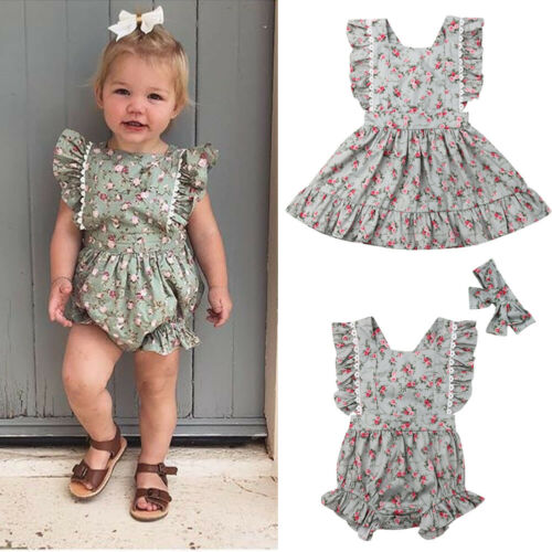 Newboen Kids Baby Girl Clothes Sister Matching Floral Romper Dress Outfit Set[Big Sister's Dress - ebowsos