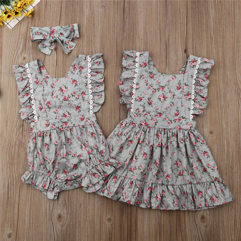 Newboen Kids Baby Girl Clothes Sister Matching Floral Romper Dress Outfit Set[Big Sister's Dress - ebowsos