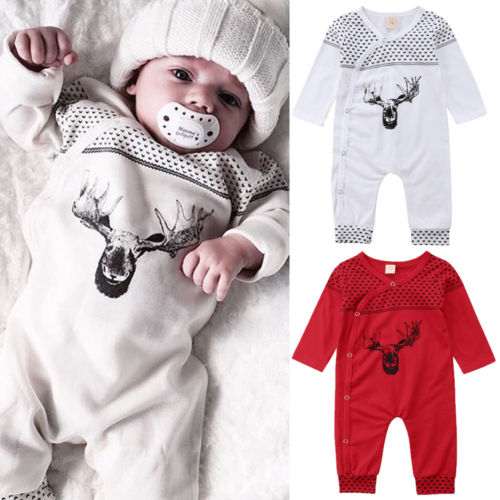 Newborn Baby Body Cotton Deer Cartoon Rompers Girl Boys Long Sleeve Jumpsuit Clothing Outfits 0-24M - ebowsos