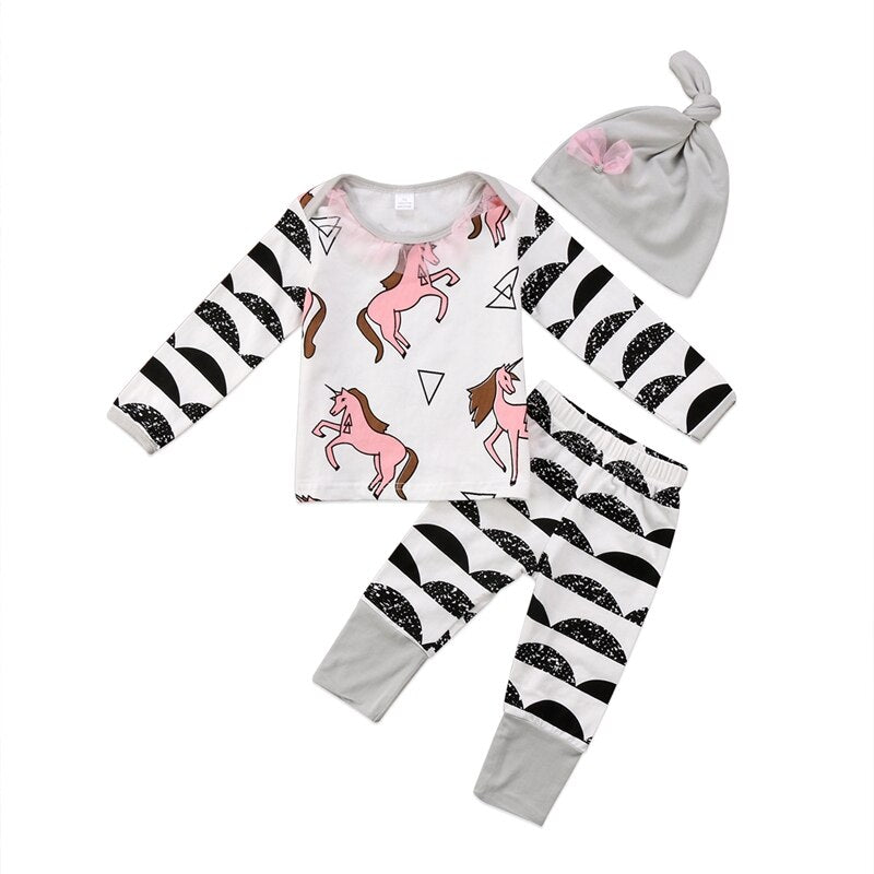 Newborn Baby Boy Girl Clothes Sets Cute Horse Tops +Long Pants Hat Outfits 3PCS Set Clothes 0-24M - ebowsos