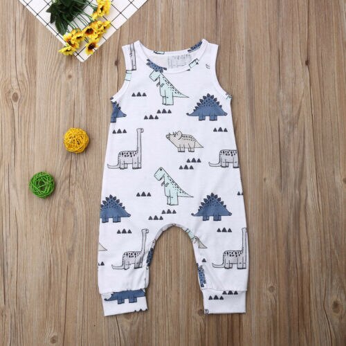 Newborn Baby Boy Girl Cotton Clothes Dinosaur Print Cartoon Romper Sleeveless Jumpsuit Summer Clothing - ebowsos