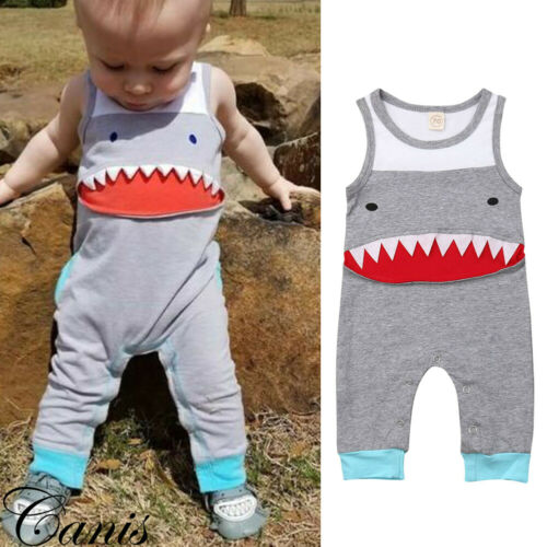 Newborn Baby Boy Girl Sleeveless Cartoon Shark Romper Jumpsuit Playsuit Outfits Summer Clothes - ebowsos