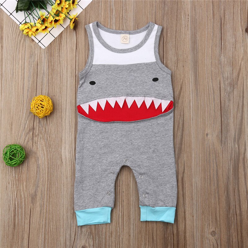 Newborn Baby Boy Girl Sleeveless Cartoon Shark Romper Jumpsuit Playsuit Outfits Summer Clothes - ebowsos