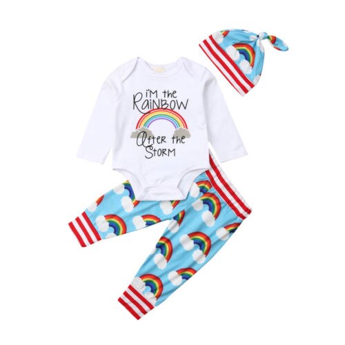 Newborn Baby Boy Girl Tops Romper Jumpsuit Pants Rainbow Outfit 2Pcs Clothes - ebowsos