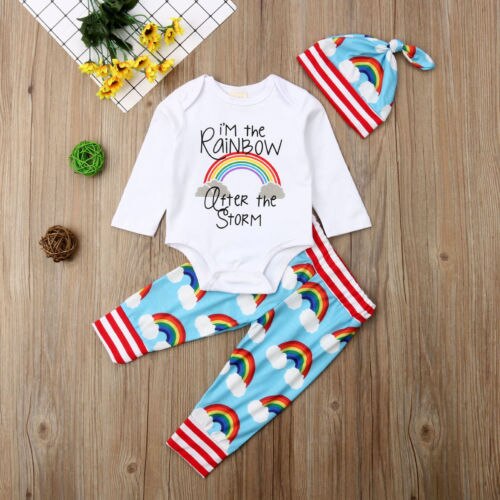 Newborn Baby Boy Girl Tops Romper Jumpsuit Pants Rainbow Outfit 2Pcs Clothes - ebowsos